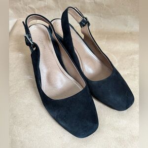 Vionic Nareen Black Suede Block Heel Slingback Pumps with Orthotic Support. US10